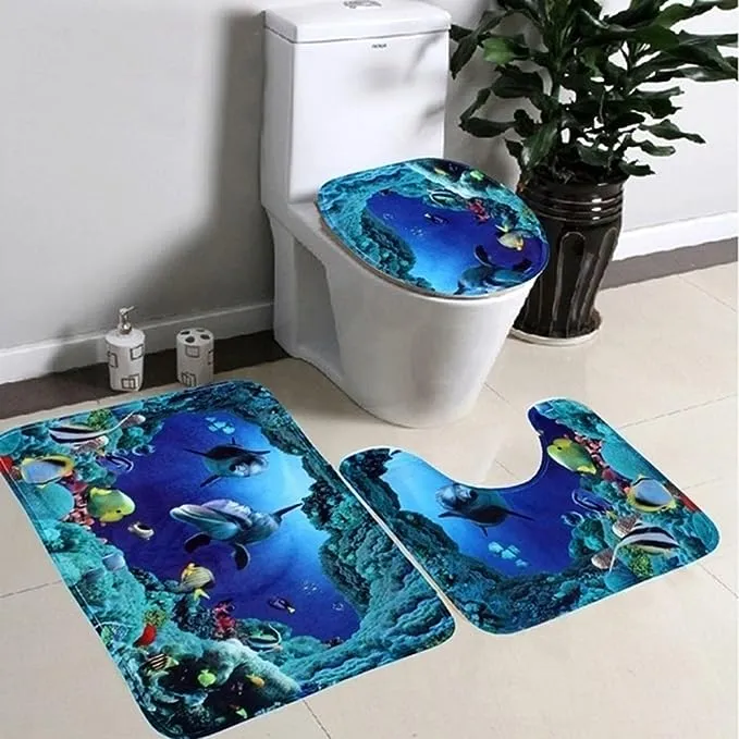 3pc Bathroom Set Rug Contour Mat Toilet With Lid Cover Chenille Super Soft Non Slip With Rubber Backing #6 Teal Color For Bathroom Decor