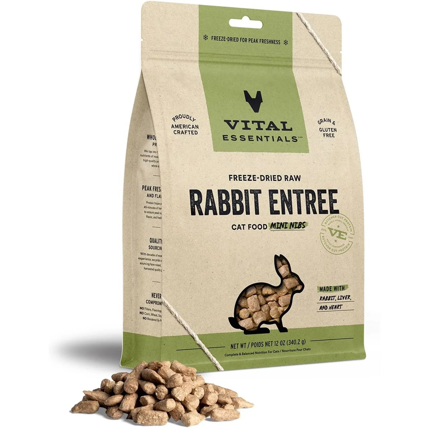 Vital Essentials Freeze Dried Raw Cat Food, Rabbit Mini Nibs Entree, 12 oz