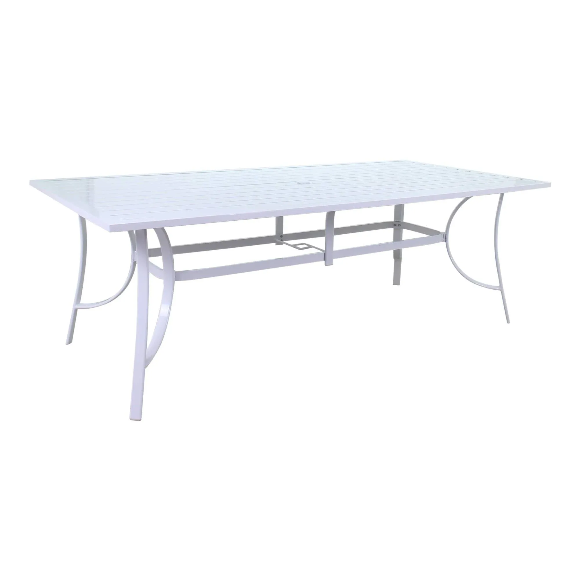 Courtyard Casual Santa Fe 84" x 42" Rectangle Slat Top Aluminum Dining Table with Umbrella Hole - White