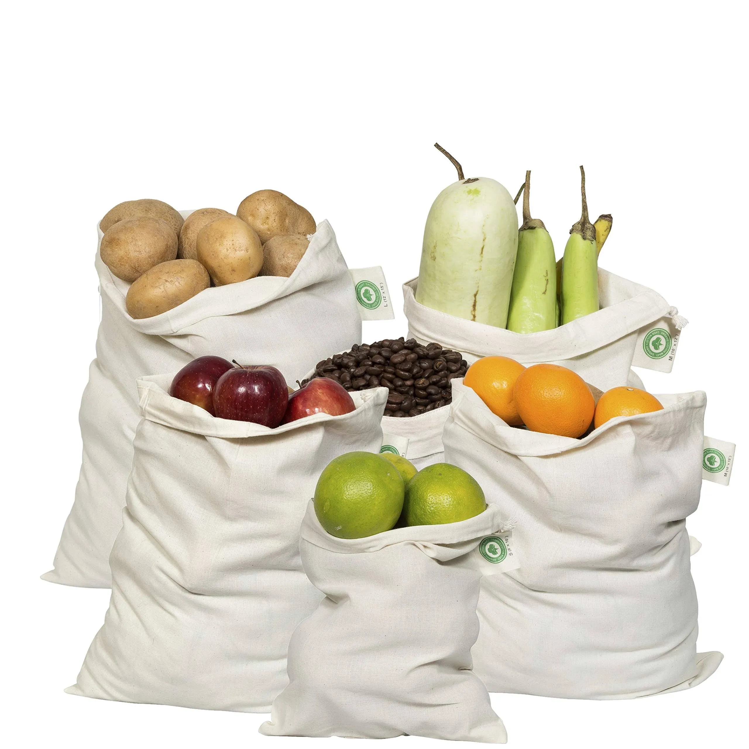 Organic Cotton Mart Reusable Produce Bags Cotton Washable - Organic Cotton Vegetable Bags - Cloth Bag with Drawstring - Muslin Cotton Fabric Produce