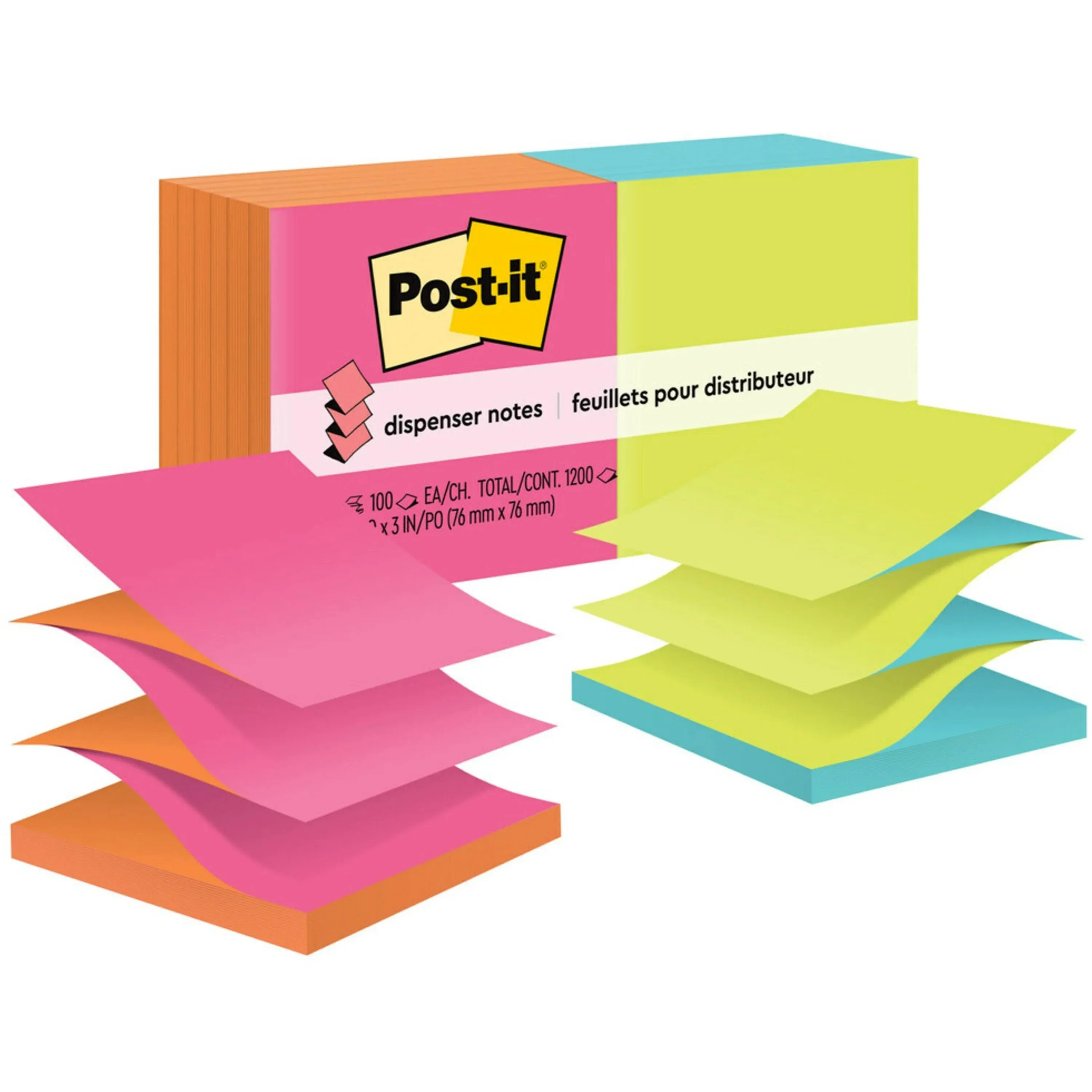 Post-it Pop-Up Notes, Green, Blue, Yellow, Pink, Orange, Designed for Pop-Up Note Dispensers, Call Out Important Information, 3 in. x 3 in, 12 Pads/