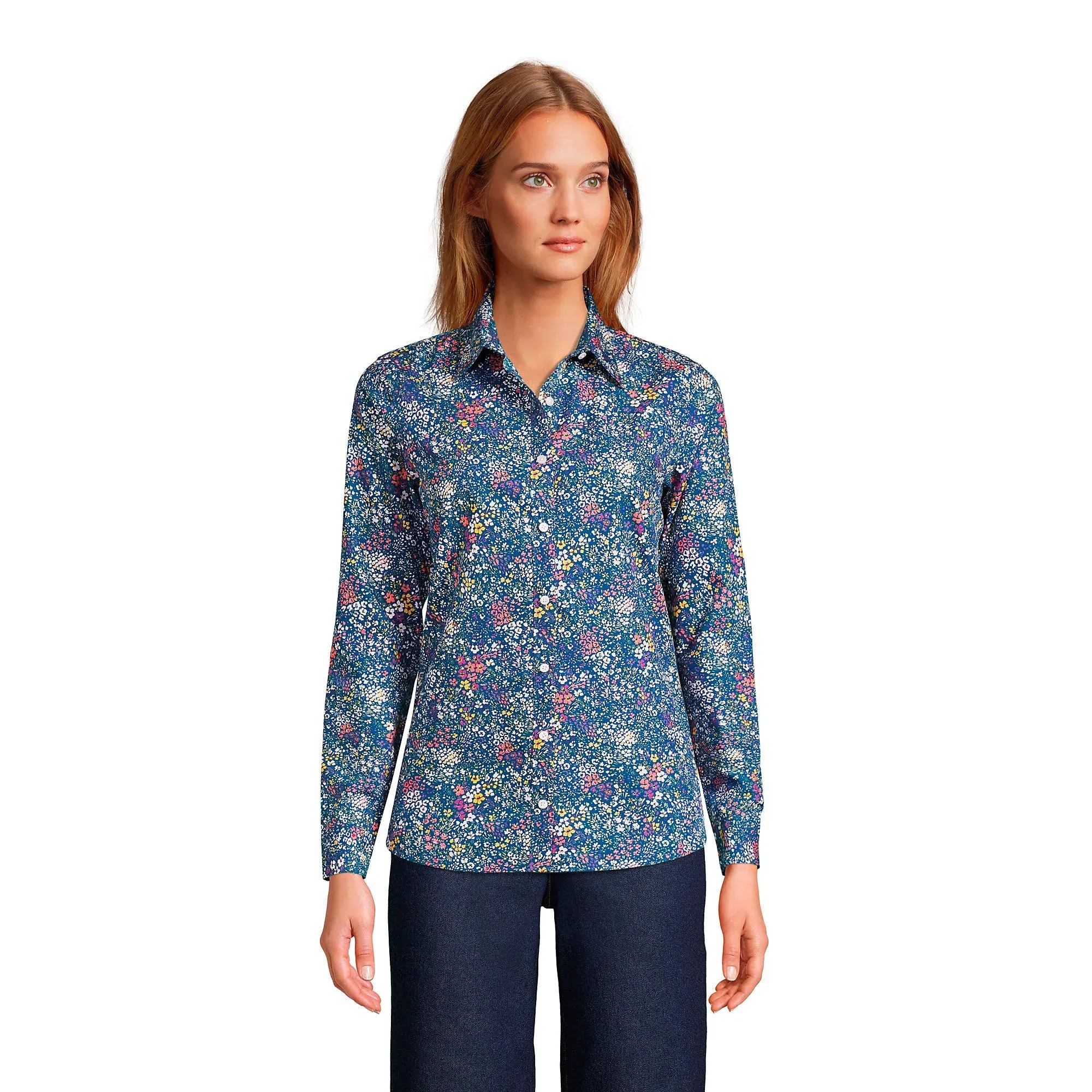 Lands' End Women's Wrinkle Free No Iron Button Front Shirt, Size: 6, Blue