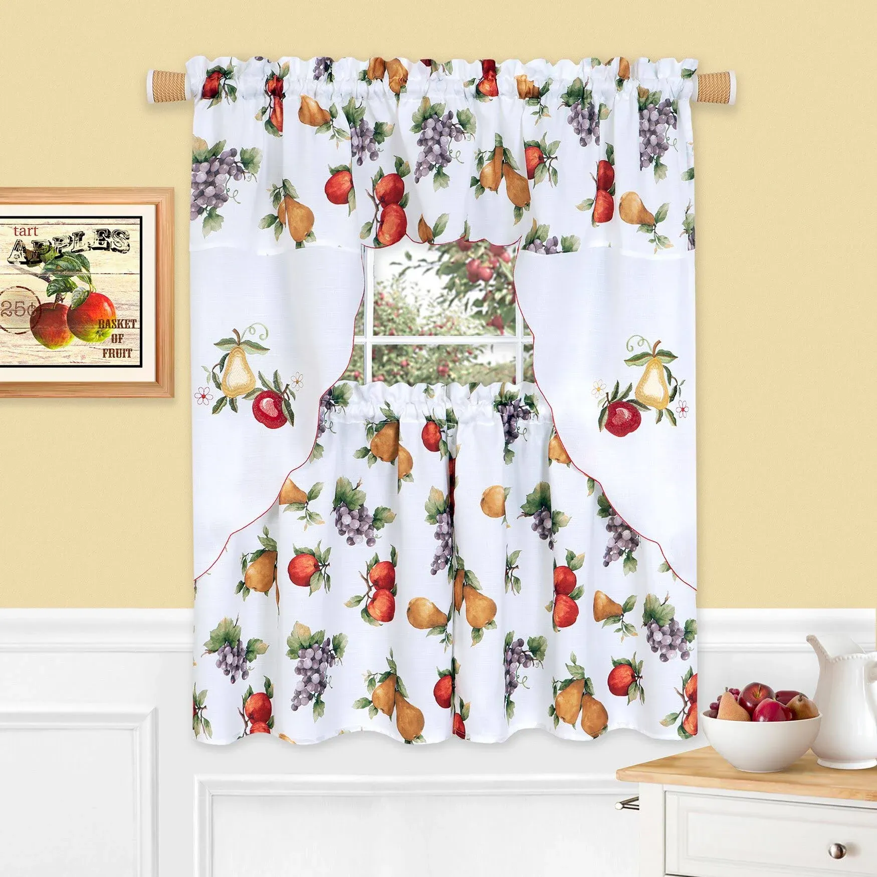 Ambrosia Embellished Tier And Swag Kitchen Curtain Set, White, 58x36 Inches