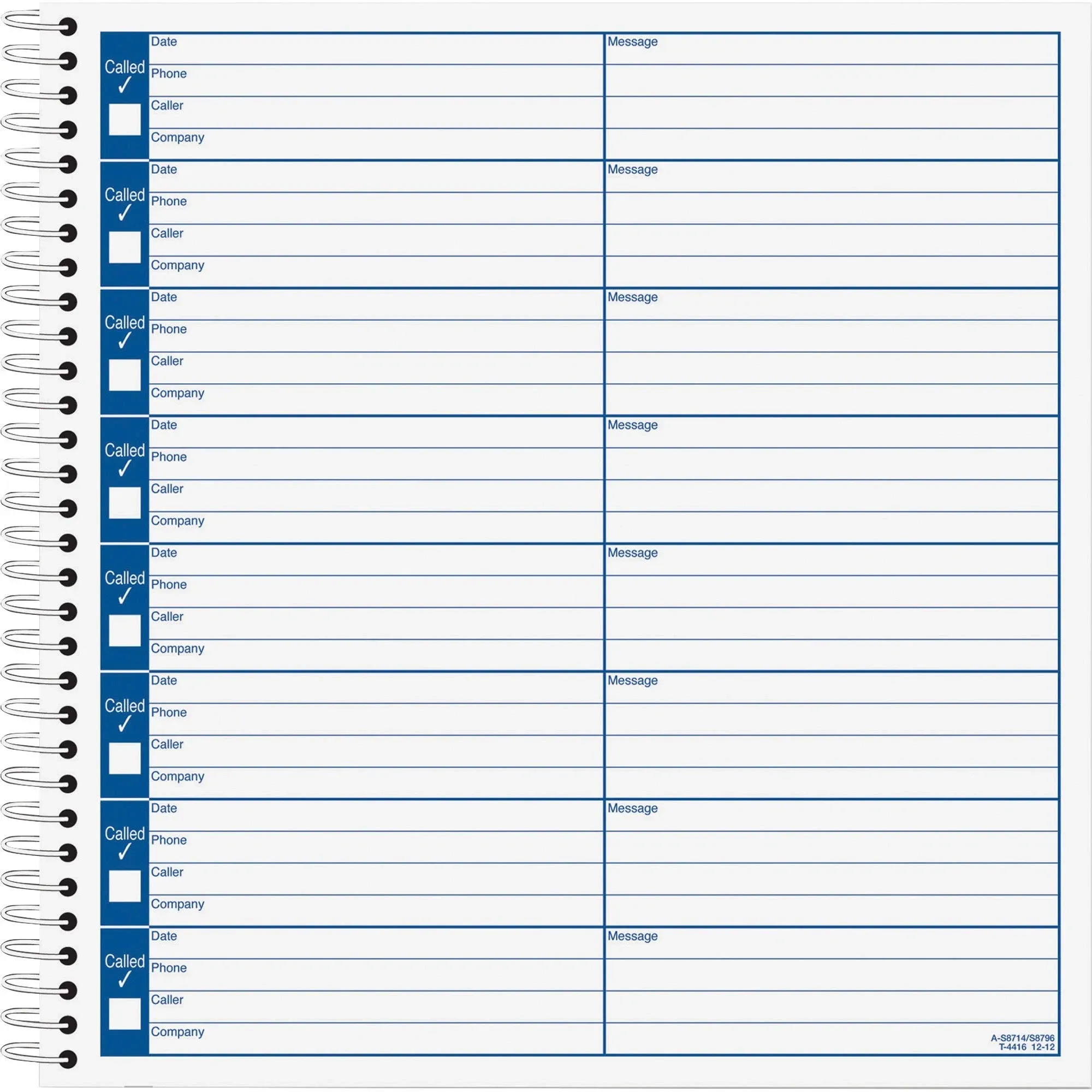 TOPS Spiral Voice Message Log Book, 2-Sided, 1-Part, 8.5 x 8.25 Inches, 8 Messages per Page, 800-Message Book (4416) , Manila