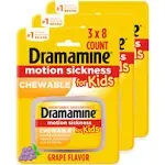 Dramamine Motion Sickness Relief for Kids Chewable Grape 8 Count Pack of 3