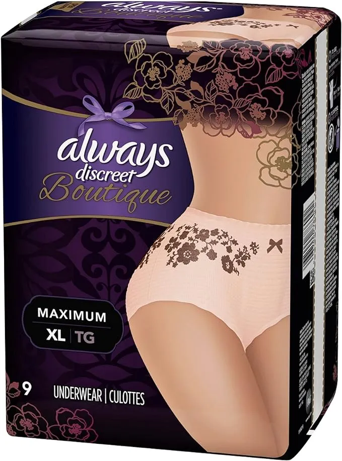 Extra Large, Tan Always Discreet Boutique Incontinence Underwear Maximum, XL - Flower Prints, 9 count