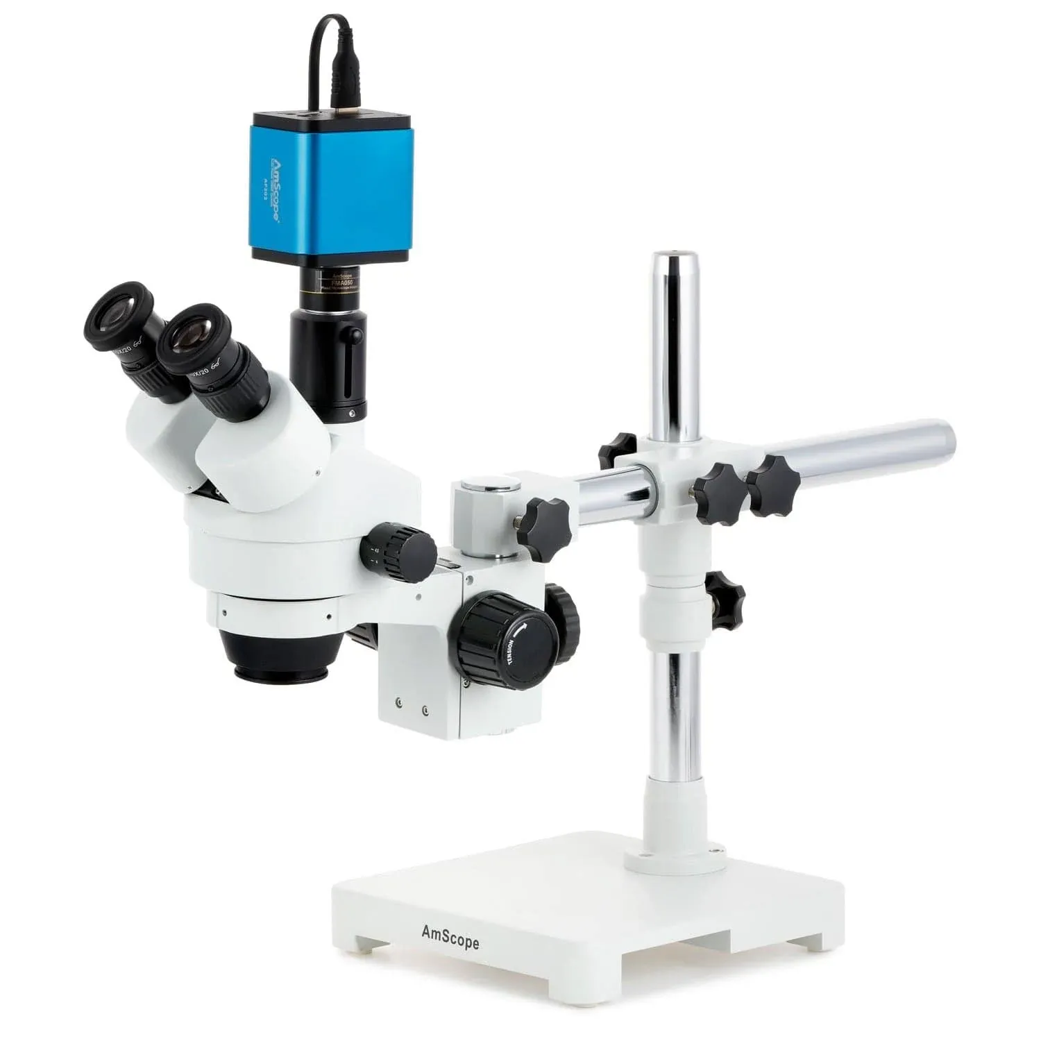 AmScope SM-3T 7X-45X Trinocular Stereo Zoom Microscope on Single Arm Boom Stand