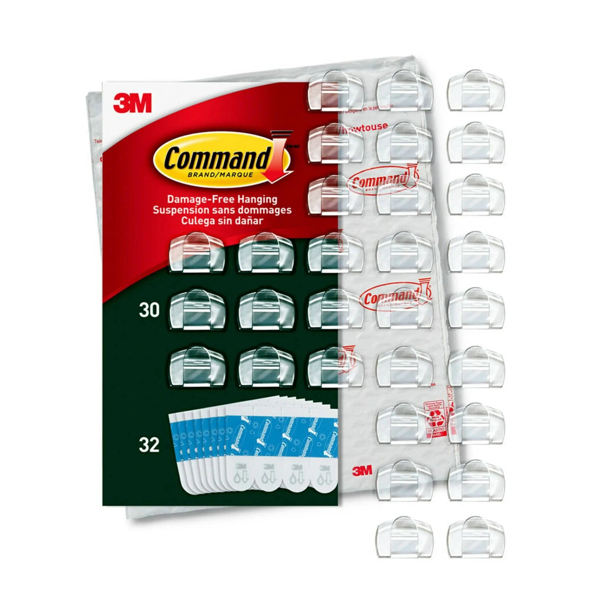 Command All Weather Hooks and Strips, Plastic, Small, 30 Clips and 32 Strips/Pack