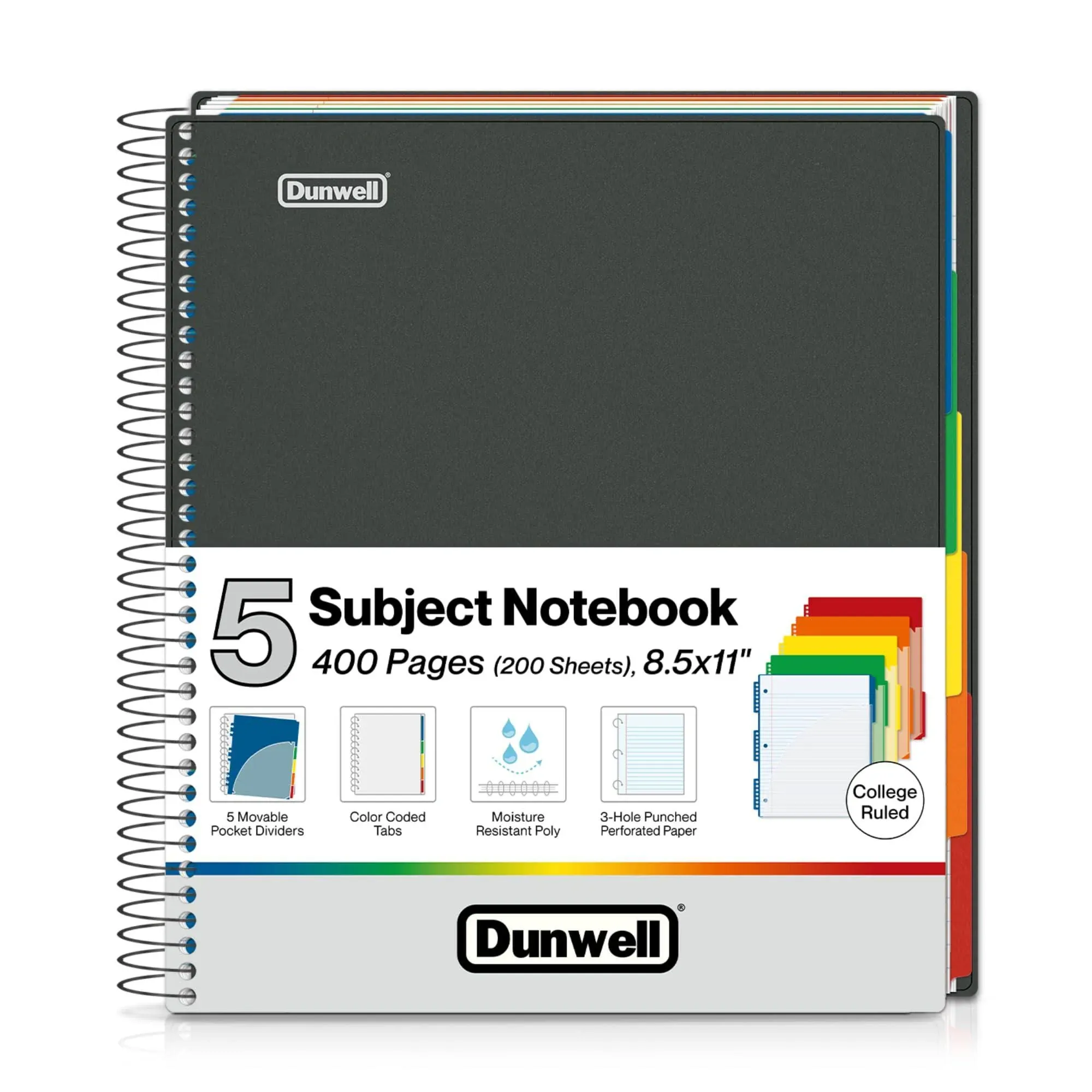 Dunwell 5-Subject Notebook College Ruled - 400 Pages (200 Sheets), Spiral Notebook 8.5 x 11 with Tabs, Dividers, Pockets, Dual Poly Covers, School Supplies Multi Subject Notebook