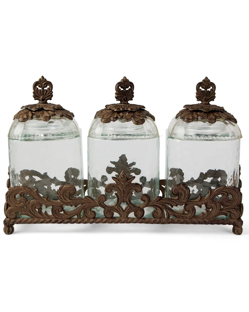 Gg Collection 3-piece Glass Canister Set With Acanthus Leaf Metal Base