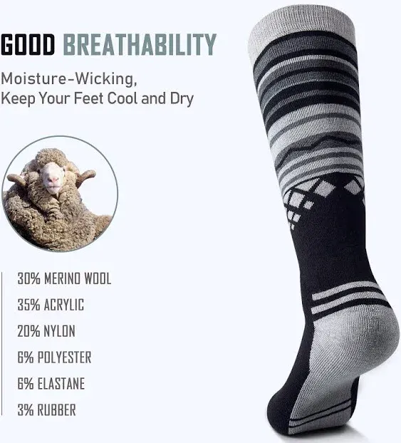 OutdoorMaster Ski Socks 2-Pack Merino Wool, Over The Calf Non-Slip Cuff for Men ...