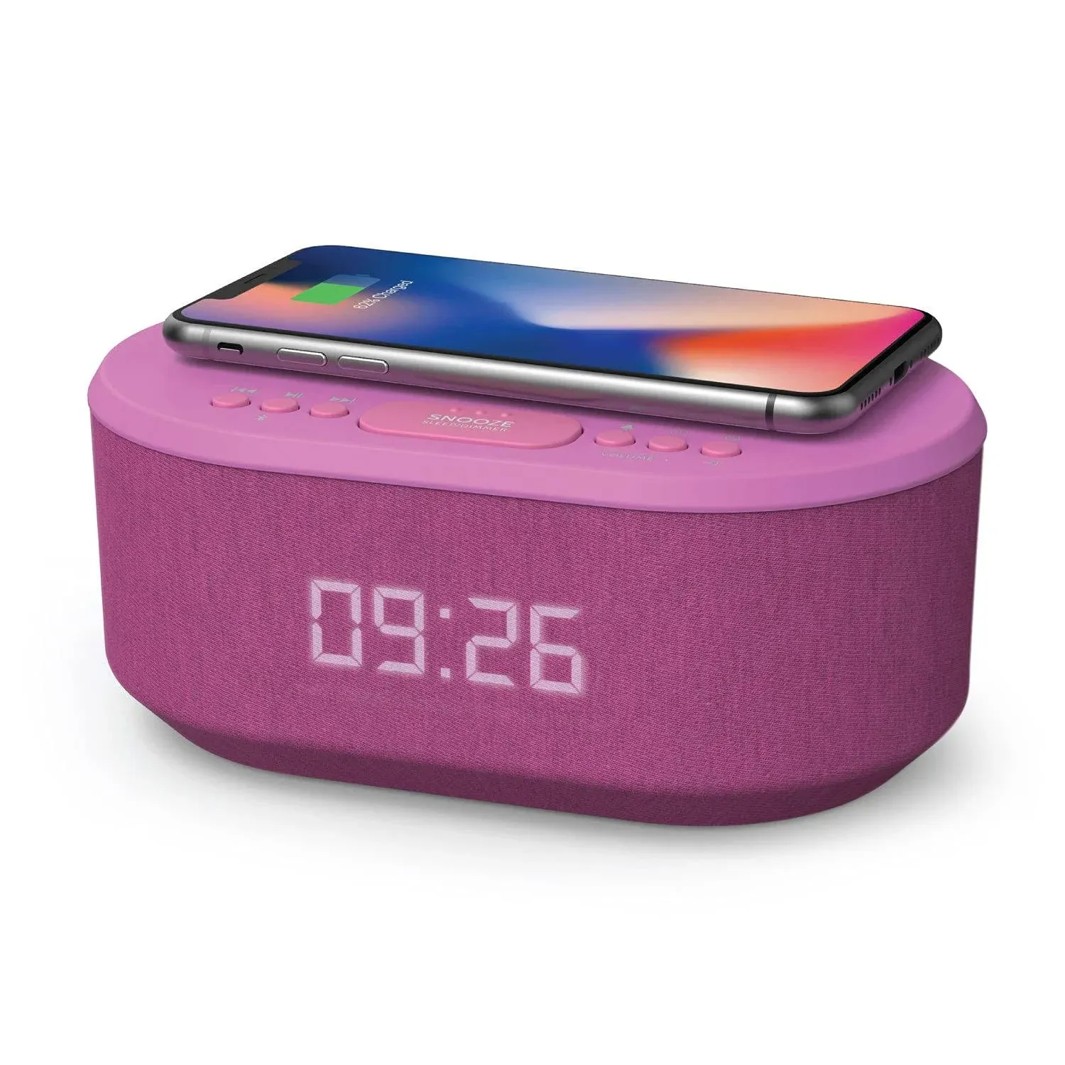  Bedside Radio Alarm Clock with USB Charger, Bluetooth Speaker, QI Purple