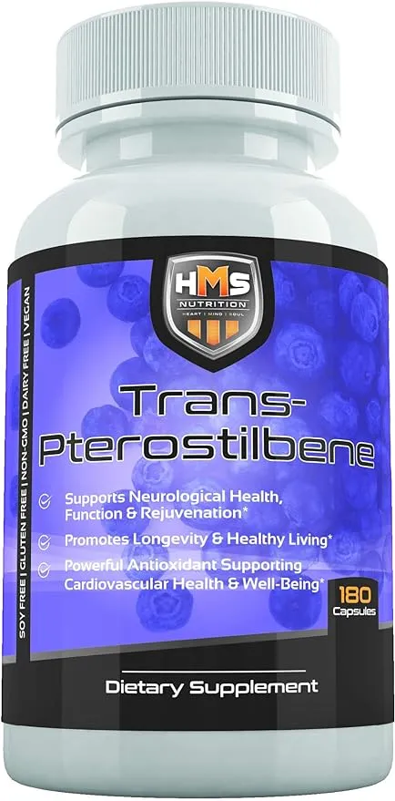 HMS Nutrition Potent Trans-Pterostilbene - 200mg, 180 Vegan Capsules - Anti-Aging, Anti-Inflammatory, Antioxidant Supplement - Gluten, Soy & Dairy Free