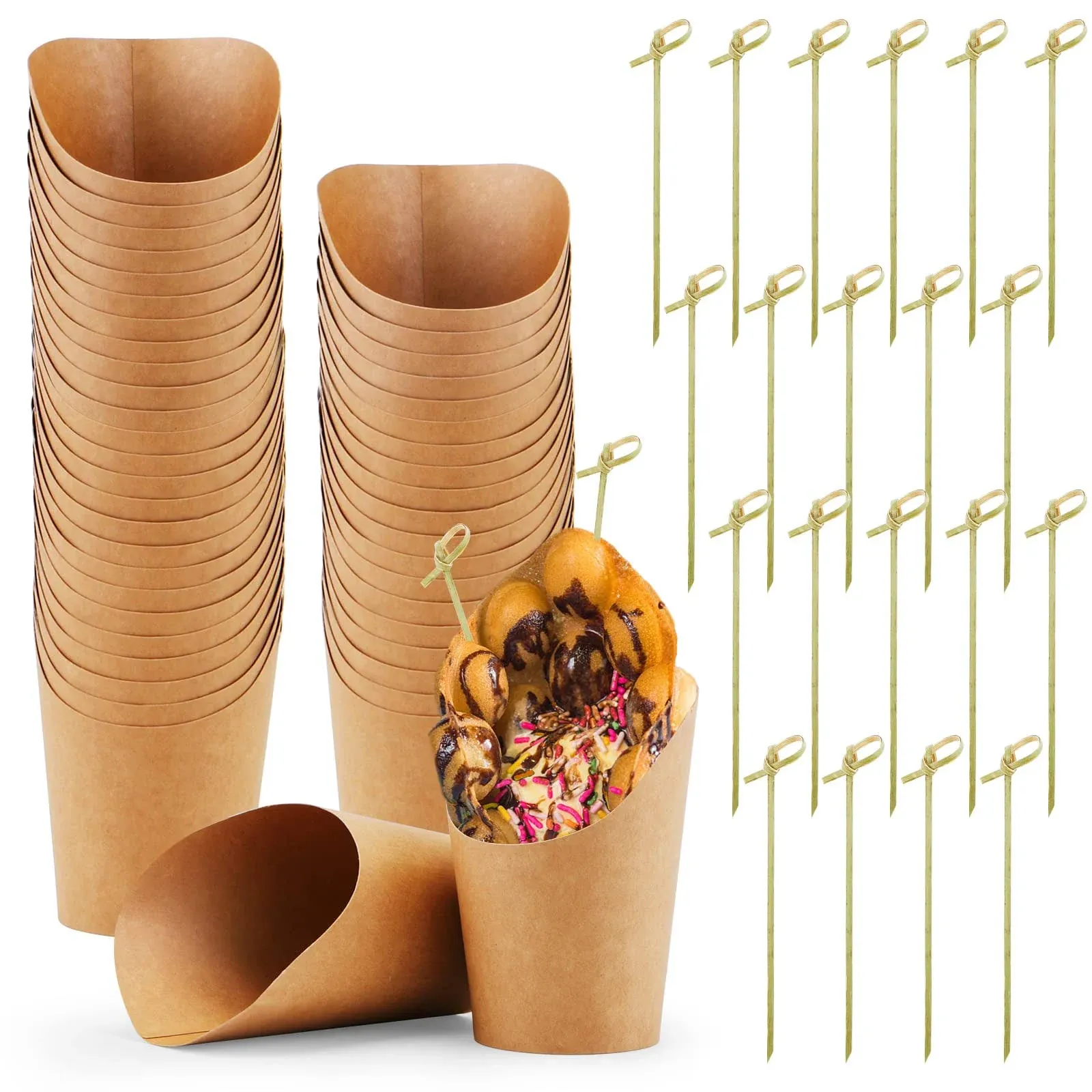 50 Pcs Charcuterie Cups with 50 Pcs Cocktail Picks, 14oz Brown French Fry Holder Cups, Disposable Appetizers Cups, Kraft Paper Snack Cups, Popcorn