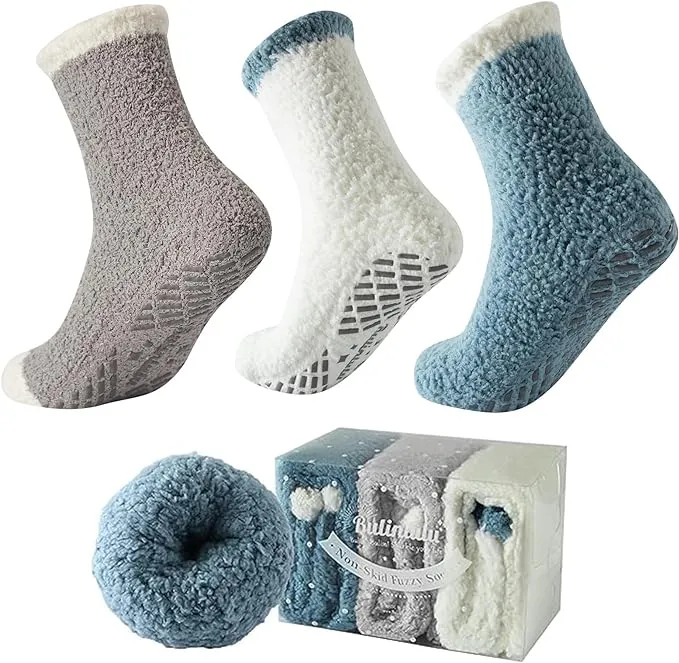 Bulinlulu Warm Socks for Women 3 Pairs Plush Size Fuzzy Socks with Grips Non ...