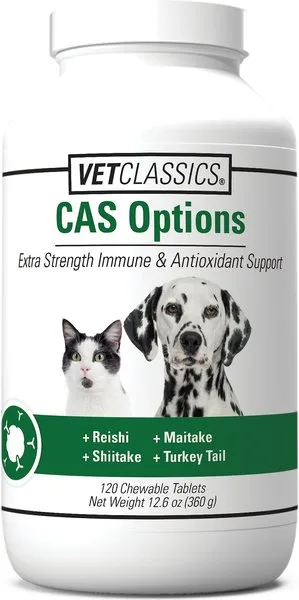 Vet Classics CAS Options Extra Strength Immune Support for Dogs, Cats – Pet Health Supplement, Dog Antioxidant Care – Extra-Strength Dog Supplement Formula – 120 Chewable Tablets