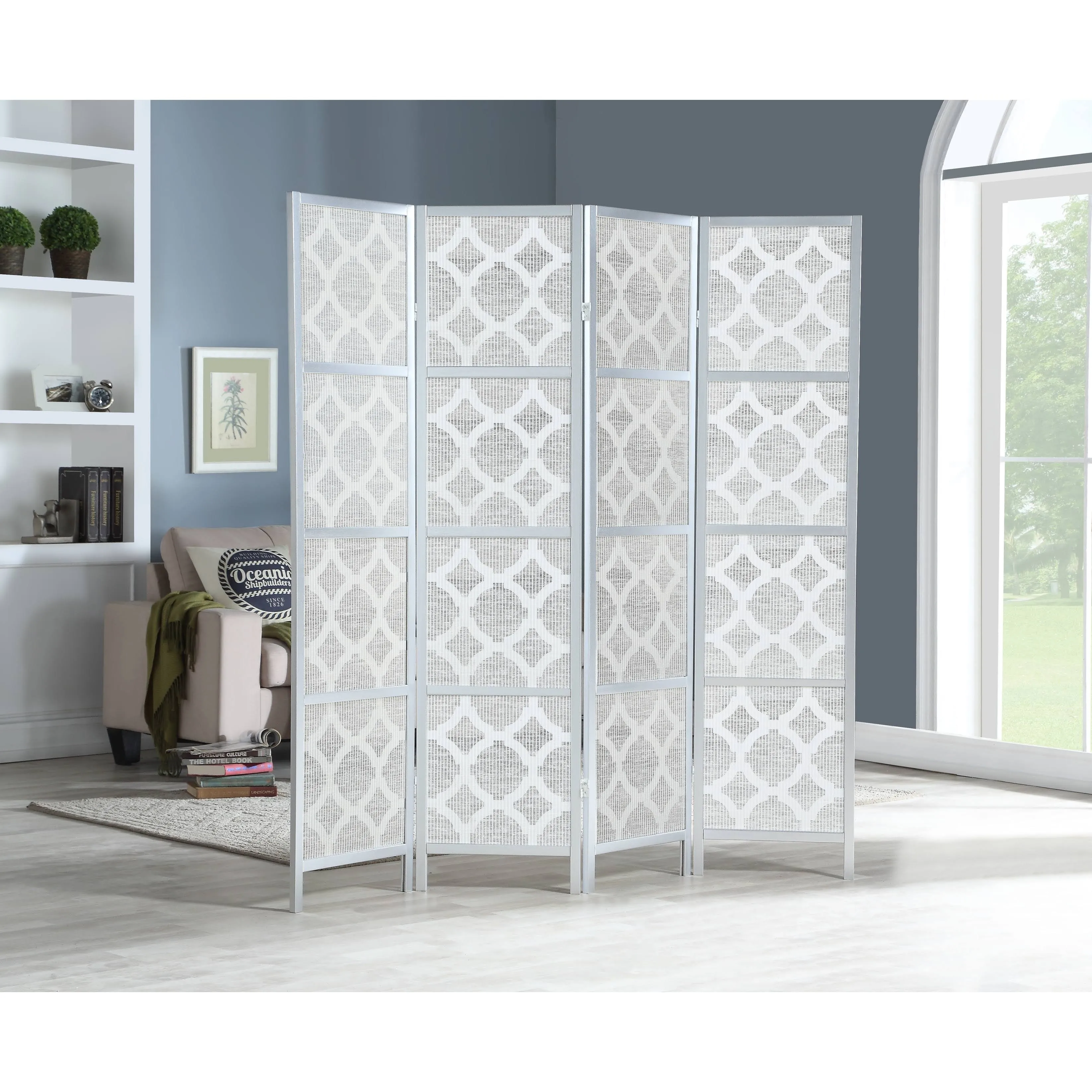 Roundhill Furniture Quarterfoil Infused Diamond Design 4-Panel Room Divider, Silver