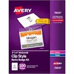 Avery - Clip-Style Name Badge Holder with Laser/Inkjet Insert, Top Load, 4 x 3, White, 100/Box