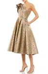 One-shoulder Metallic Brocade Midi Cocktail Dress In Antique Bronze