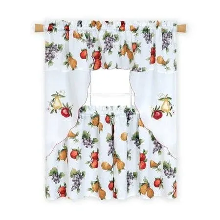 PowerSellerUSA Floral Butterflies Tier Panels and Swag Curtains, 3-Piece Window Curtains & Valance, For Kitchen or Living Room, Cafe Curtains for Small Windows, Floral Fruits, 58" W x 36" L