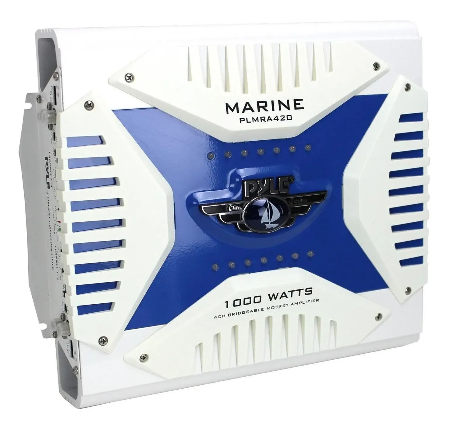 Pyle Hydra Marine Amplifier - Upgraded Elite Series 1000 Watt 4 Channel Bridgeable Amp Tri-Mode Configurable, Waterproof, MOSFET Power Supply, GAIN Level Controls and RCA Stereo Input(PLMRA420)