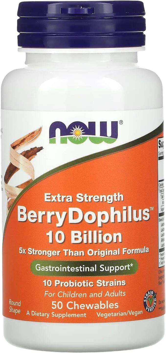 NOW Foods Supplements, BerryDophilus™, Developed for Adults & Children with 10 Probiotic Strains, Extra Strength,Strain Verified, 50 Chewables