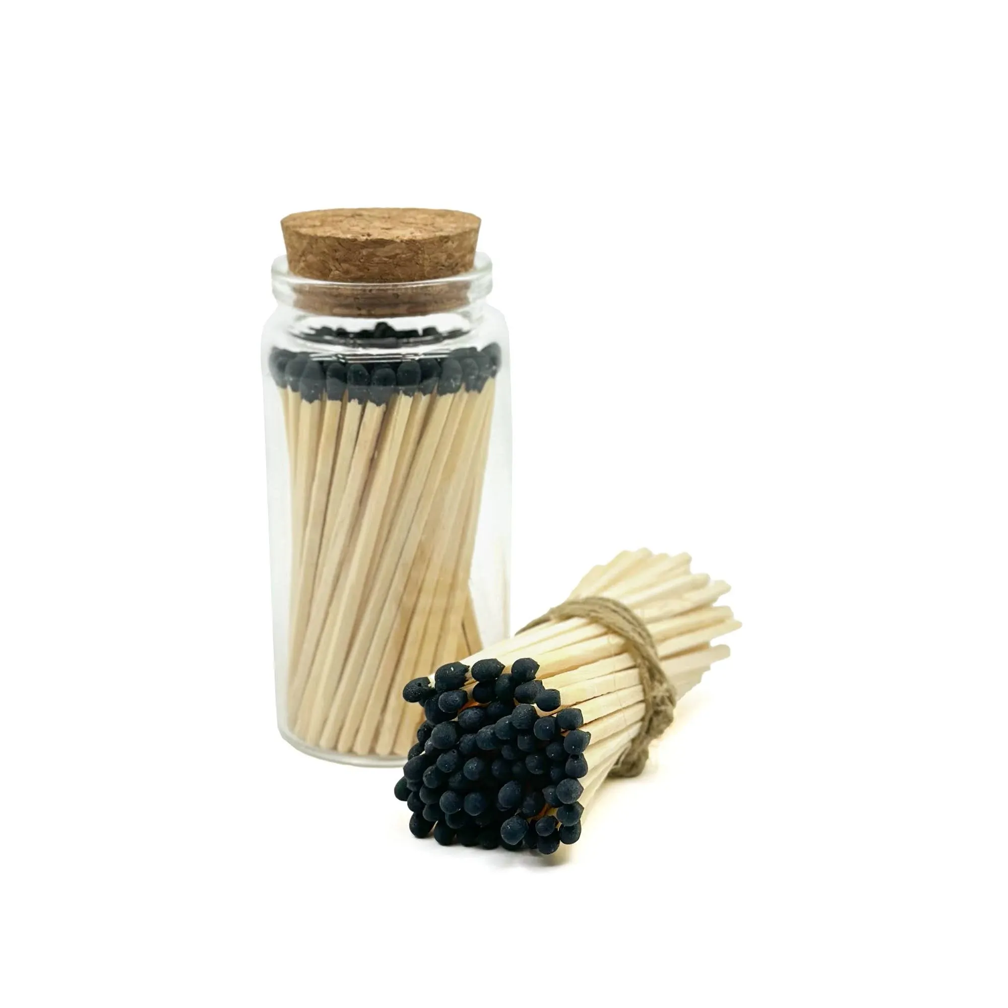 Matches in a Jar | 60+ Matchsticks | Decorative Matchsticks with Strike Pad | Candle Match Holder Long for Fireplace | Match Bottle Cork Closing by Chandler Studio (Black, 3" Matches)