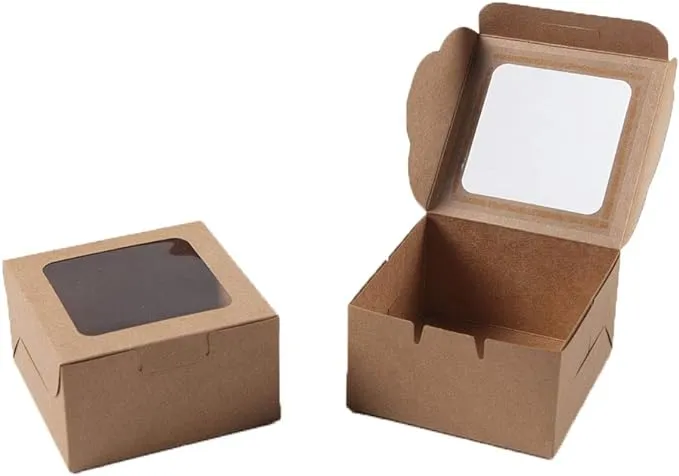 Bubbley Kraft Paper Bakery Boxes - 50-Pack Single Pastry Box 4-Inch, Packaging with Clear Display Window, Donut, Mini Cake, Pie Slice, Dessert Disposable Take-Out Container, Brown, 4 x 2.3 x 4 Inches