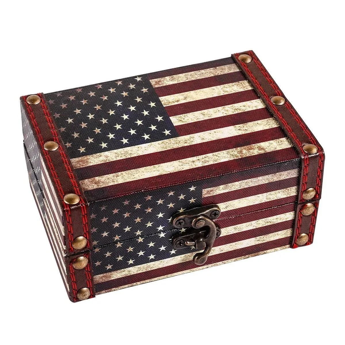 WaaHome Treasure Box 5'' Small Decorative Box Wood Jewelry Keepsakes Box with Lids for Home Decorations (American Flag)