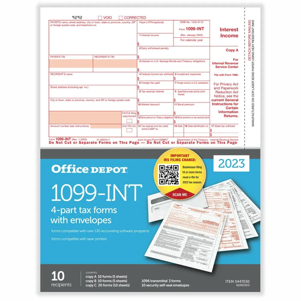 Office Depot 1099-INT Laser Tax Forms And Envelopes, 4-Part, 8-1/2&#034; x 11&#034;, 10PK