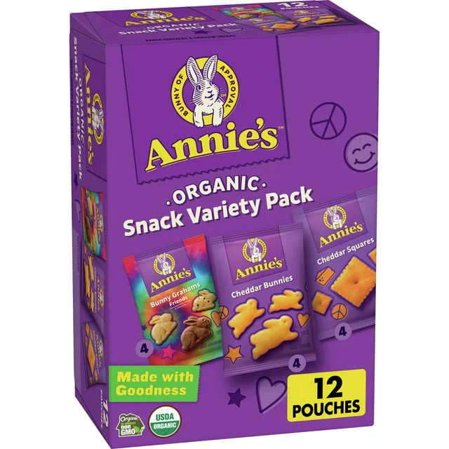 Pacote de variedades orgânicas Annie,S, Cheddar Bunnies, Bunny Grahams e Cheddar Squares, 12 bolsas