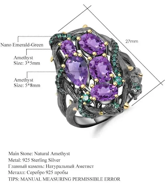 Kemstone 925 Sterling Silver Amethyst Ring Sanke Design Whispering Gems Series Statement Rings for Women (size 5-10)