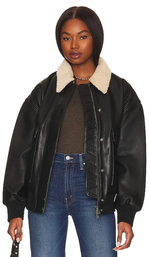 Oversized Faux Shearling Collar Bomber Jacket In Black