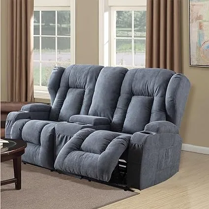 URRED Manual Recliner loveseat Chair with Console for Living Room Modern Manual-Pull Recliner Sofa Home Theater Lounge with Cup Holder,Storage for Home Theater Office (Blue-Grey Loveseat)