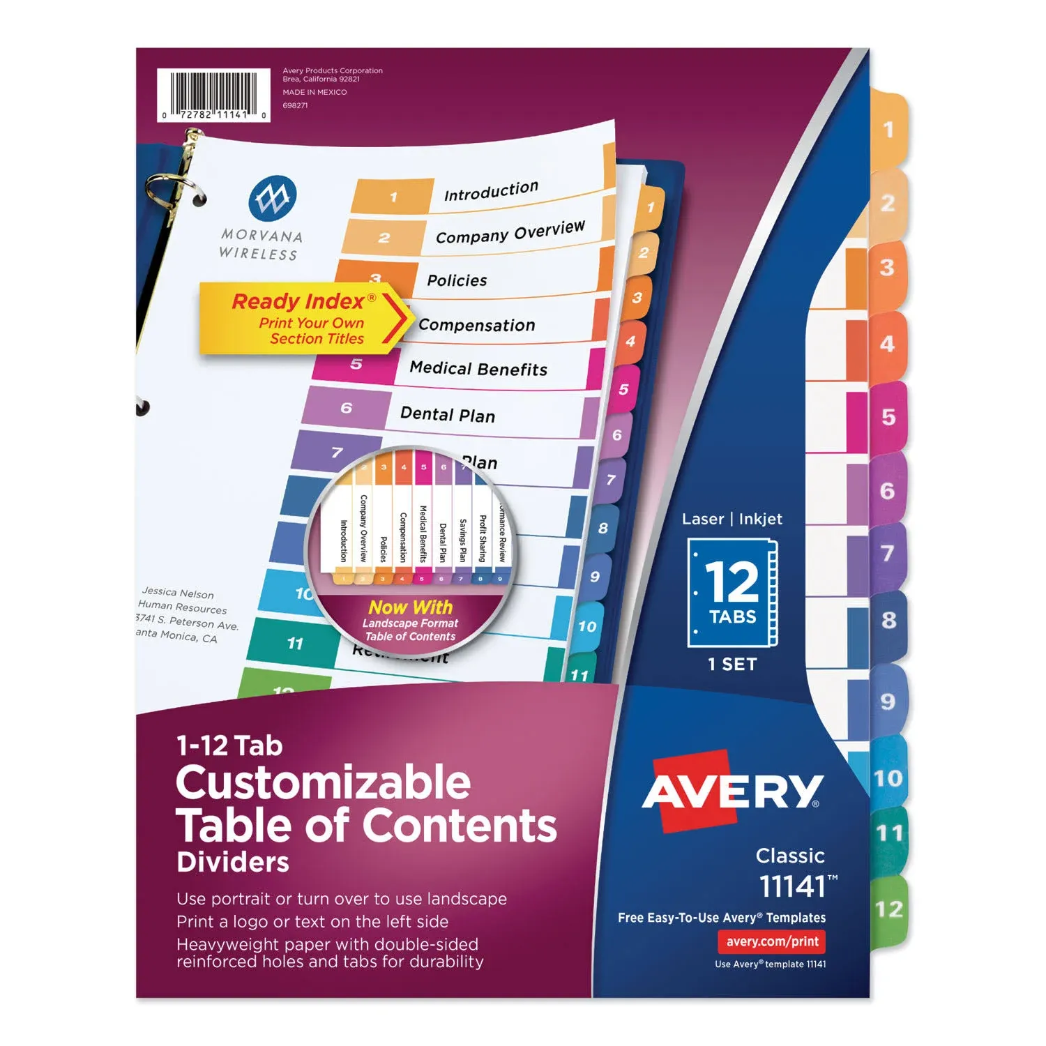 Avery 12 Tab Dividers for 3 Ring Binders, Customizable Table of Contents, Multicolor Tabs, 1 Set (11141)