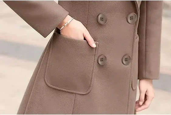 Bankeng Women Winter Wool Blend Camel Mid-Long Coat Notch Double-Breasted Lapel Jacket Outwear