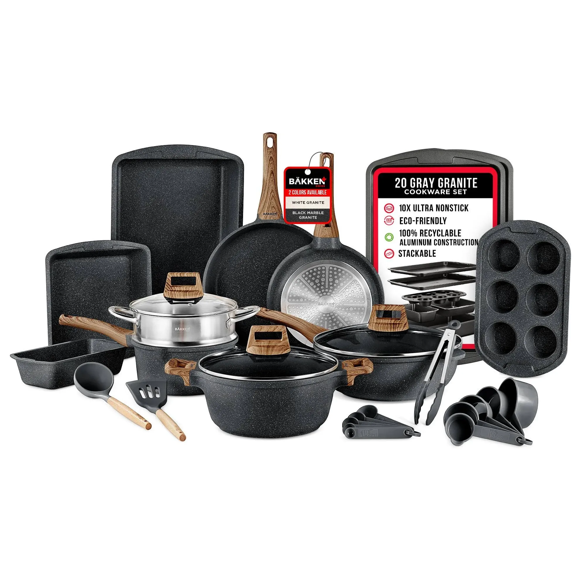 Bakken-Swiss 20-Piece Kitchen Cookware Set Granite Non-Stick Eco-Friendly for All ...