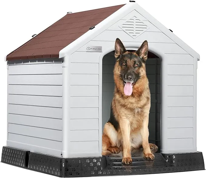 LEMBERI Durable Waterproof Plastic Dog House for Small to Large Sized Dogs, Indoor Outdoor Doghouse Insulated Puppy Shelter with Elevated Floor, Easy