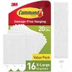 Command 20 Lb XL Heavyweight Picture Hanging Strips, Damage Free Hanging Picture Hangers, No Tools Heavy Duty Wall Hanging Strips for Back to School Dorm Organization, 16 White Adhesive Strip Pairs