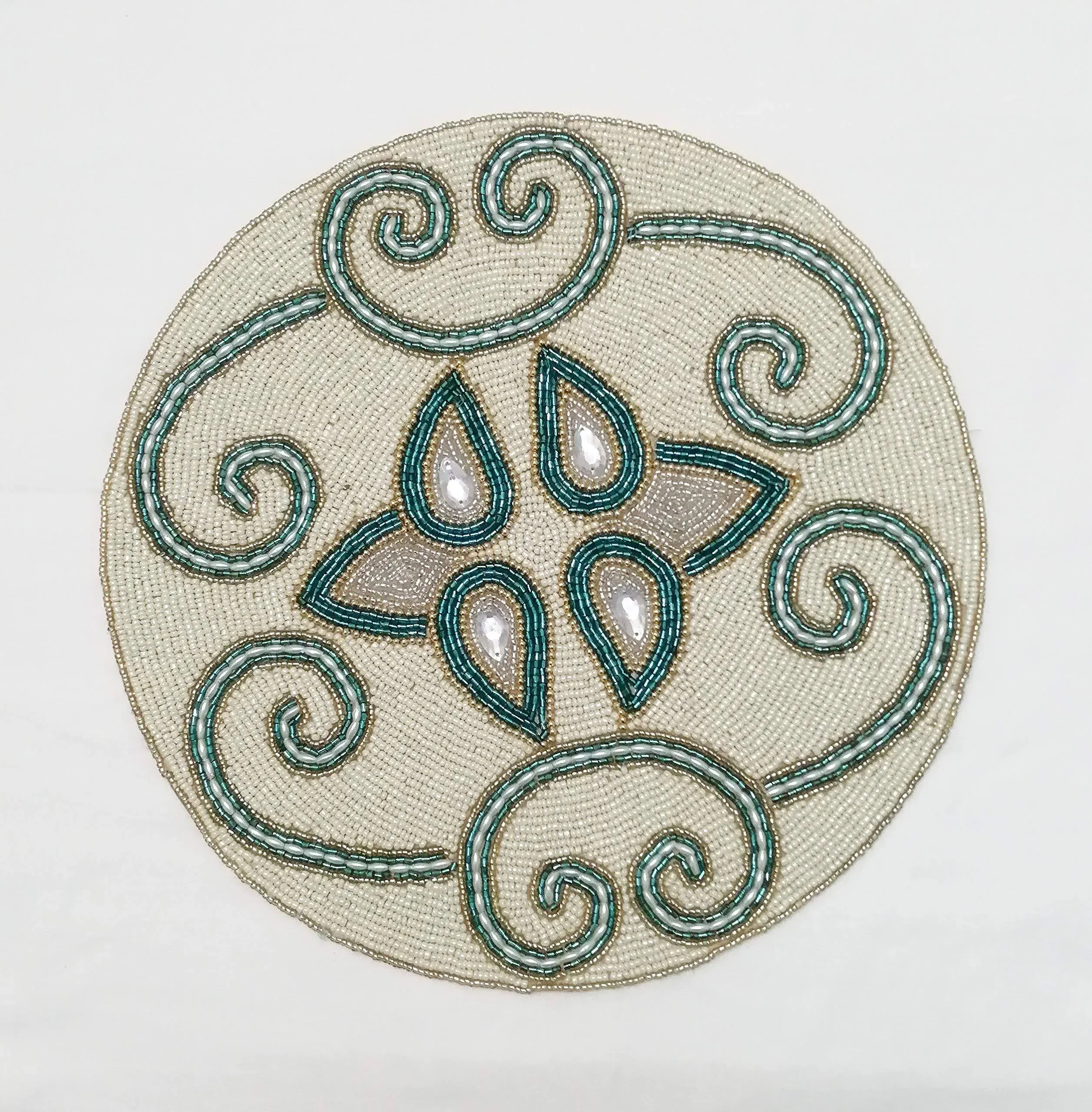 BEDDING CRAFT- Round Placemats - 13" Diameter - White Teal Gold Combo Design - Perfect for Dining, Christmas, Wedding - Luxurious Gold Finish - Enhance Your Table with Beaded Round Charger