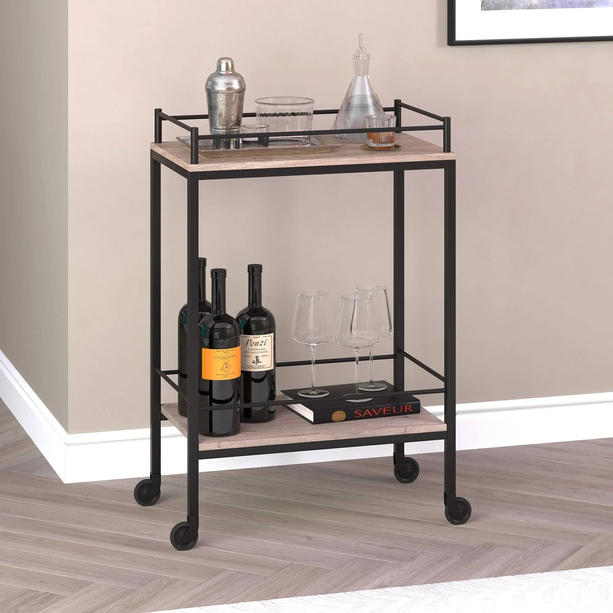 Hudson & Canal - Barnes 23.5  Wide Rectangular Bar Cart in Antiqued Gray Oak - BC1334