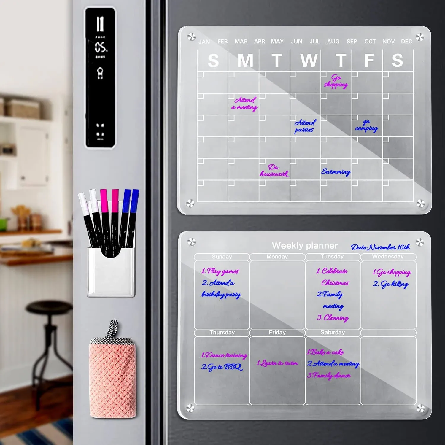 Acrylic Magnetic Monthly and Weekly Calendar for Fridge, Clear Set of 2 Dry Erase Board Calendar for Fridge Reusable Planner, Includes 6 Dry Erase Markers with 3 Colors(16"x12"Inches)