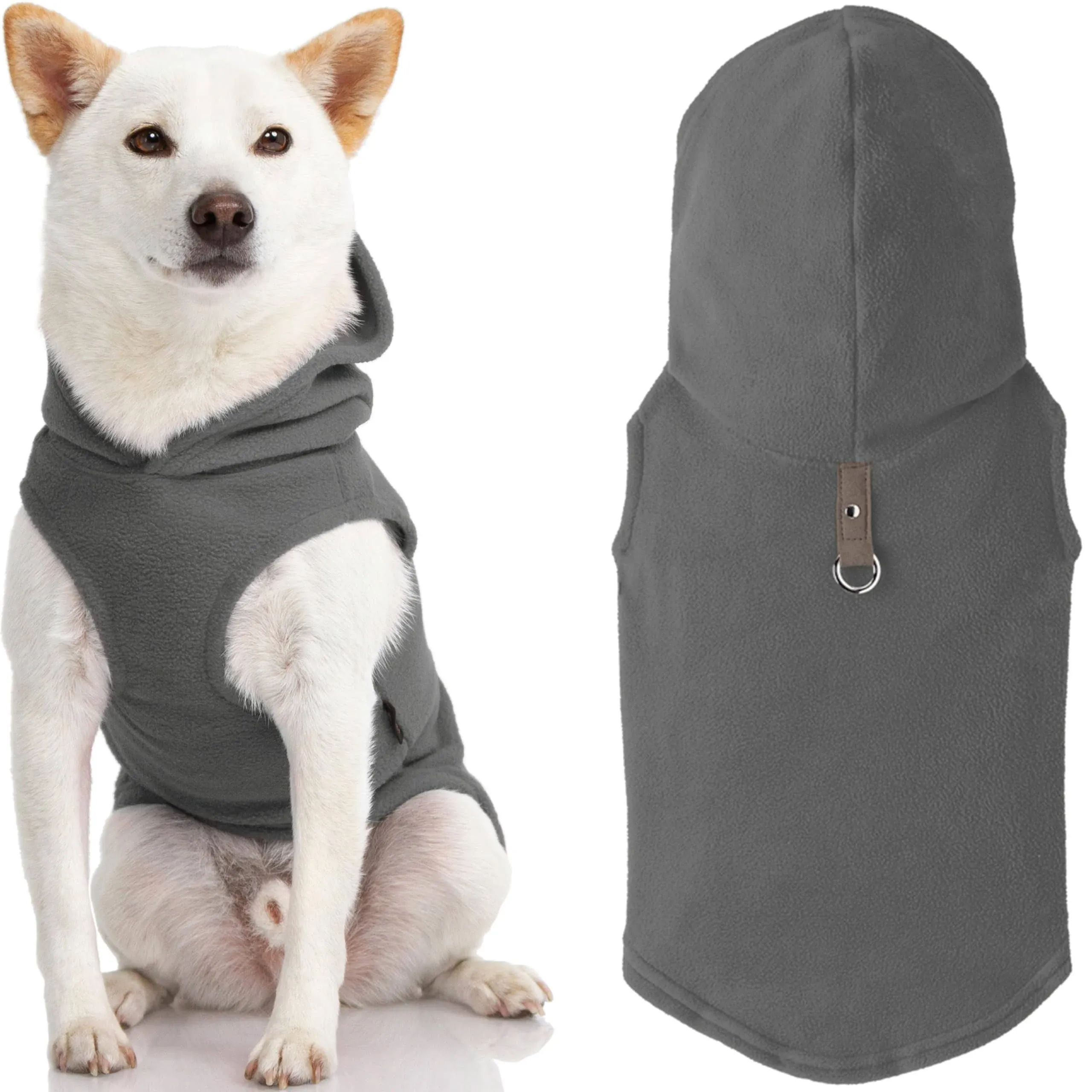 Gooby Fleece Vest Hoodie Dog Sweater - Gray, Large - Warm Pullover Dog Hoodie with O-Ring Leash - Winter Hooded Small Dog Sweater - Dog Clothes for Small Dogs Boy or Girl, and Medium Dogs