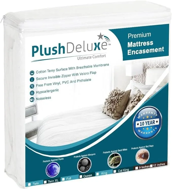 PlushDeluxe King Size Premium Mattress Encasement - Zippered Waterproof, Bedbug Proof Design, 6-Sided Protection - Hypoallergenic Cotton Terry Fabric 12-15" Depth