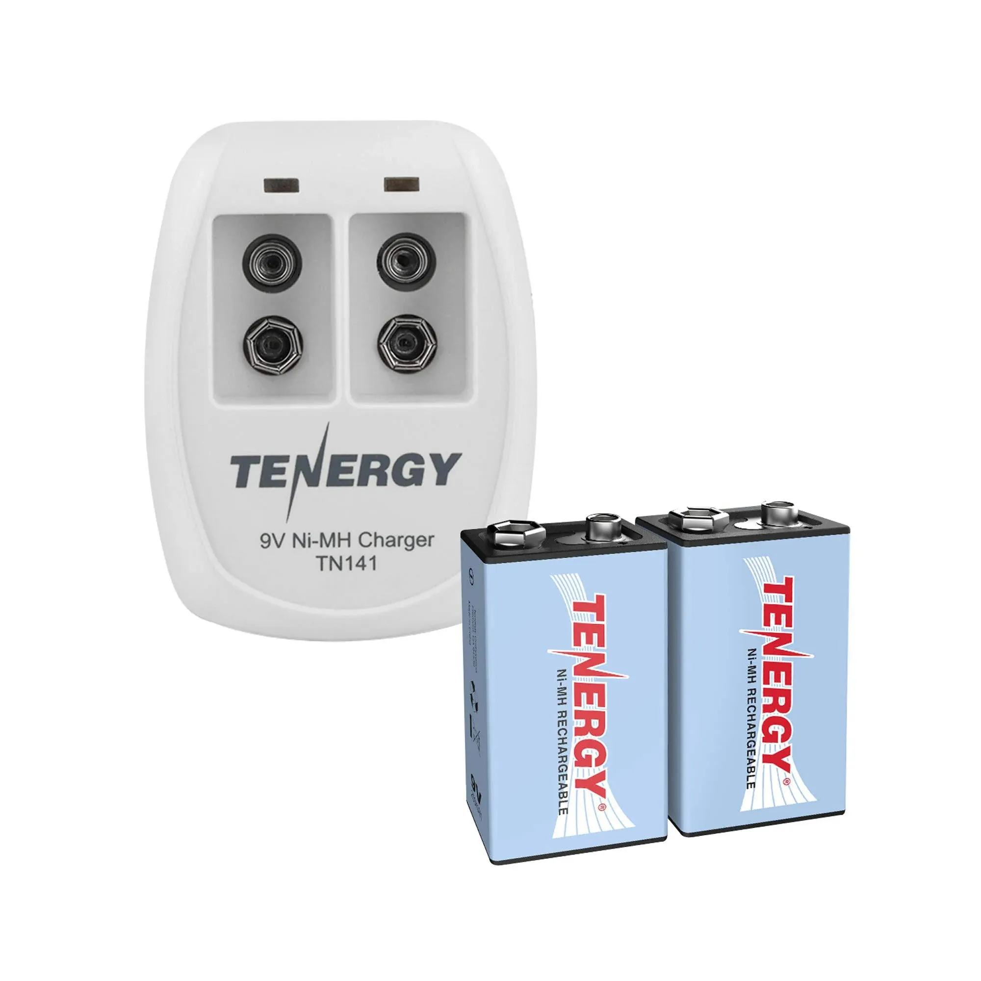 Tenergy 2 Pack 9 Volt Rechargeable Batteries and TN141 Charger, 9V NiMH Battery and 9V Battery Charger for Smoke Alarms and Detectors