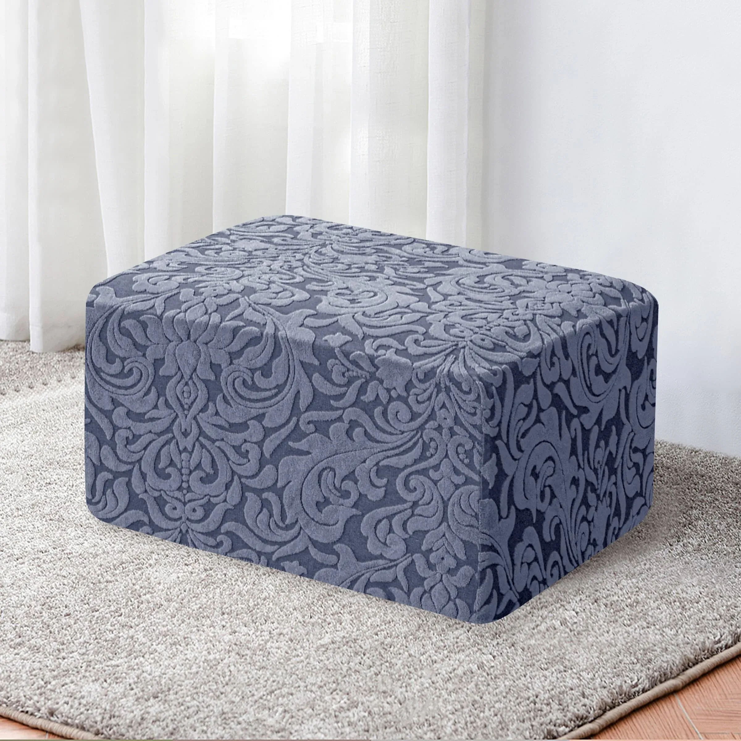 subrtex Ottoman Slipcover Jacquard Damask Oversize Stretch Storage Protector Rectangle Footstool Sofa Slip Cover for Foot Rest Stool Furniture in Living Room (XL, Damask Linen)