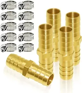 5/8 ID Hose Barb Hex Union Brass Fitting with Stainless Steel Clamps Pack of 5