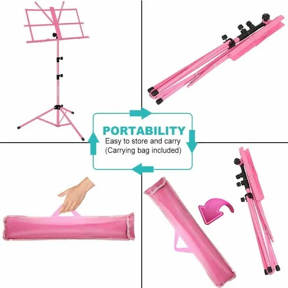 Professional Collapsible Portable Music Stand, Lightweight, Music Sheet Holder Clip And Carrying Bag, Suitable for Instrumental Performance -Pink