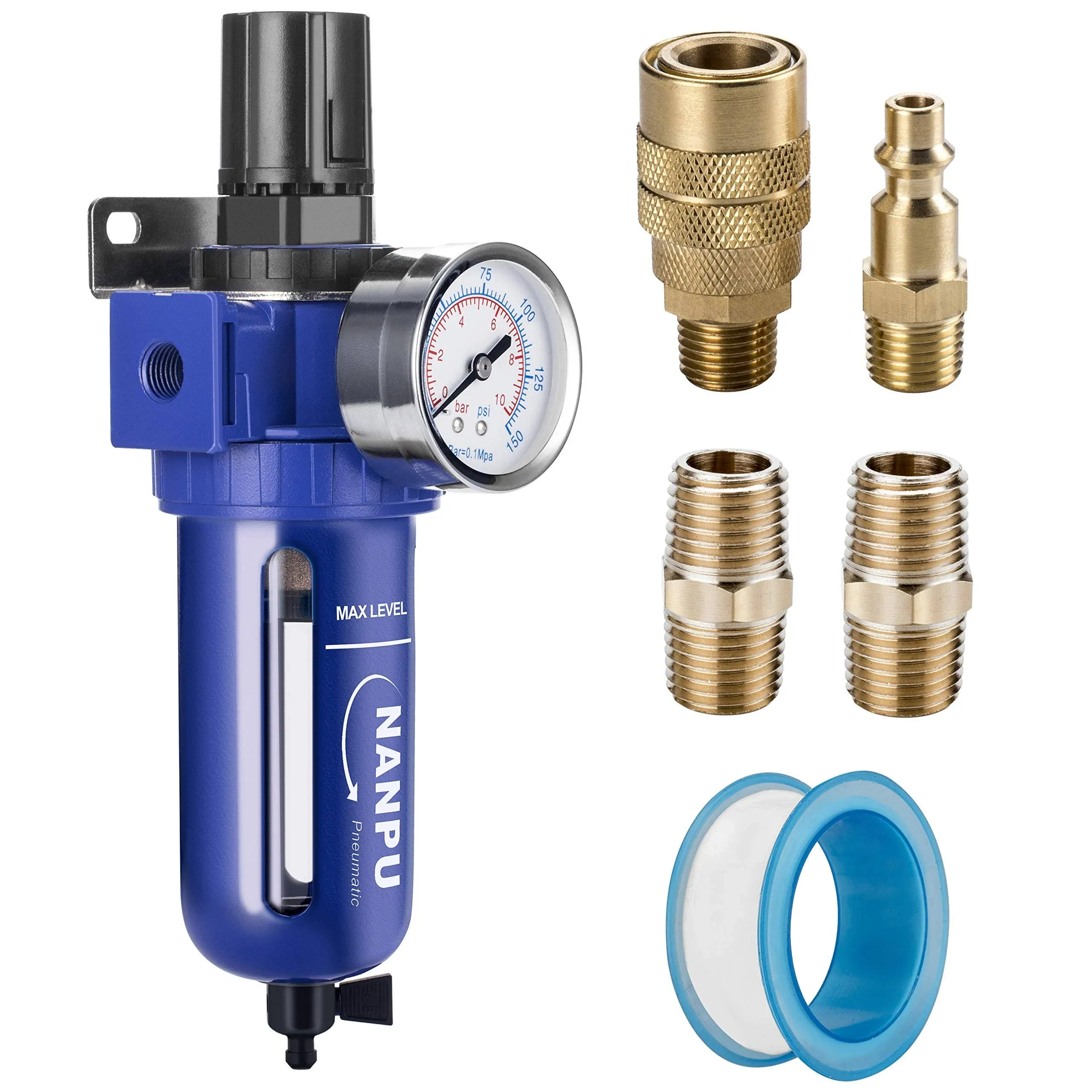 NANPU 1/4 NPT Compressed Air Filter Regulator Combo Piggyback, 5 Micron Element,