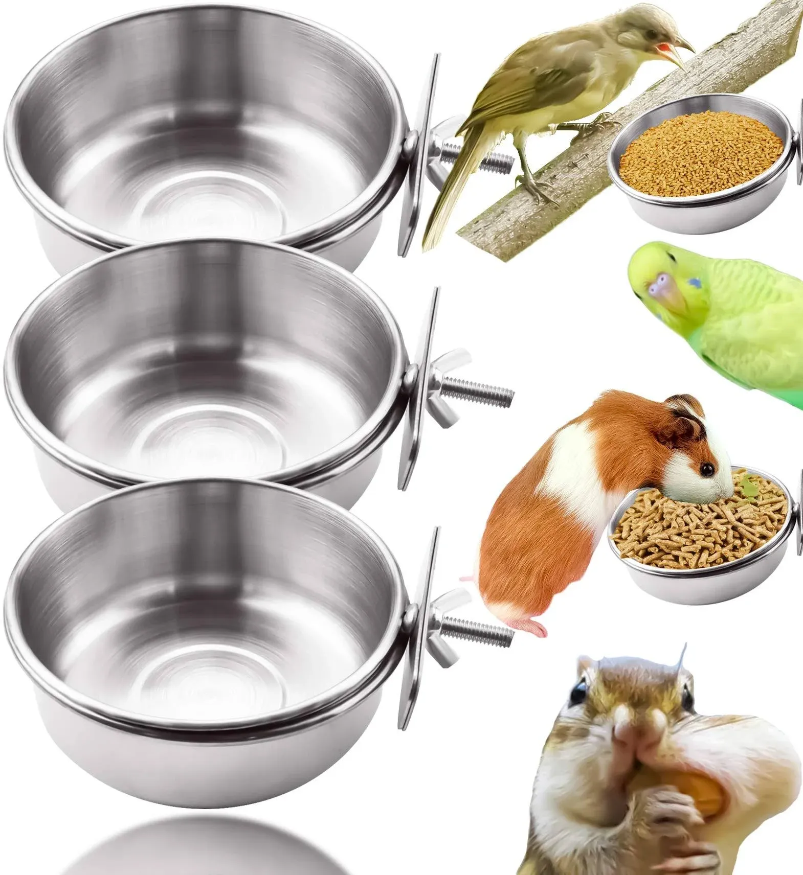 MotBach 3 Pieces Stainless Steel Bird Feeding Dish Cups, Bird Feeder Parrot Food Water Bowls with Clamp, Pet Cage Cups Holder for Bird Parrot